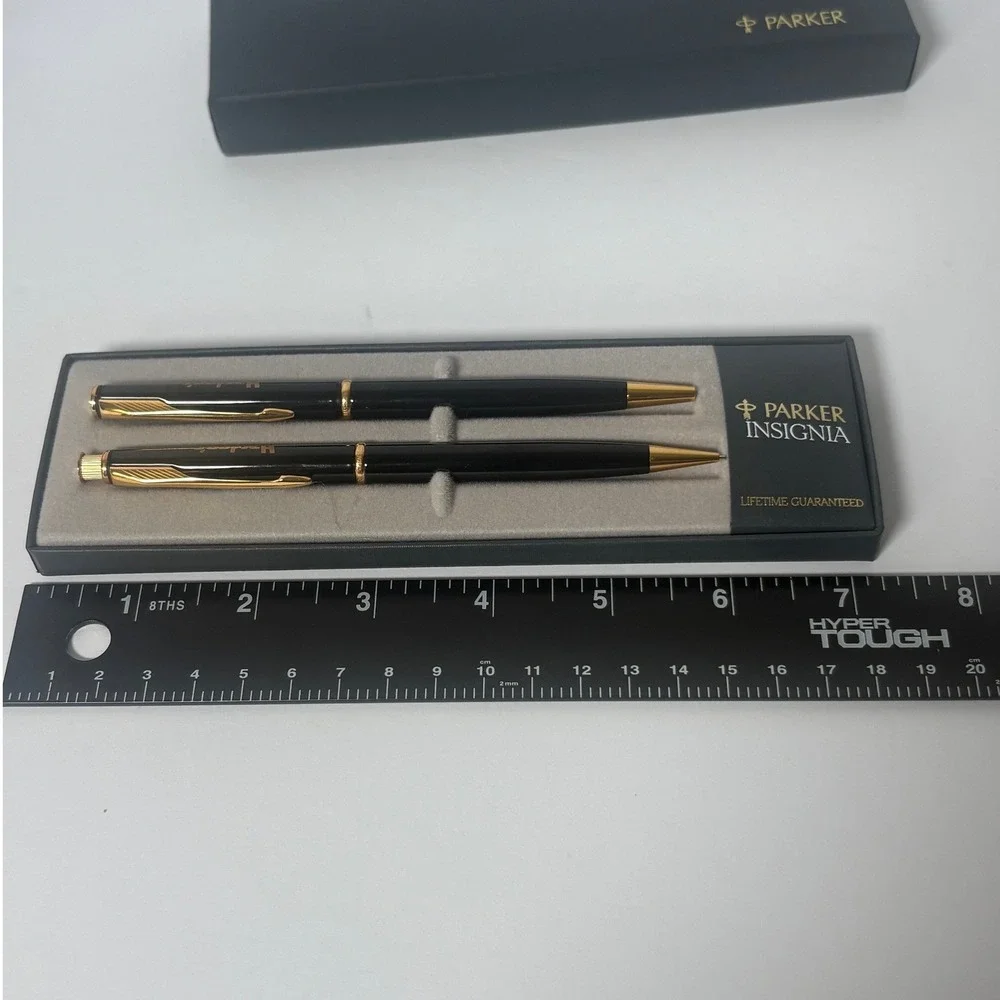 Parker Insignia Black Gold Trim Pen and Pencil Set Hardees Logo Vintage USA Made